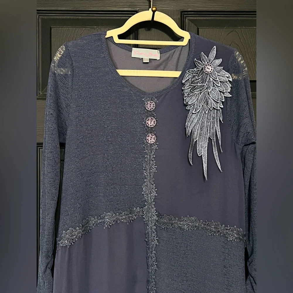 Pretty Angel Navy Patchwork Fringe Dress with Floral Applique - Picture 2 of 9